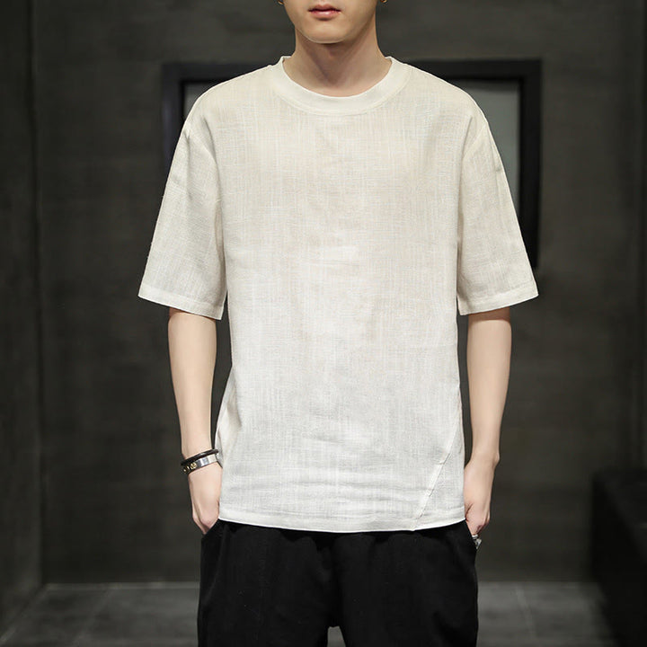 Buddha Stones Summer Casual Minimalist Solid Crew Neck Linen Men's Short Sleeve T-Shirts - White - US/UK/AU46，EU56 (5XL) - image 16