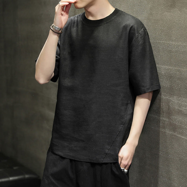 Buddha Stones Summer Casual Minimalist Solid Crew Neck Linen Men's Short Sleeve T-Shirts - image 15