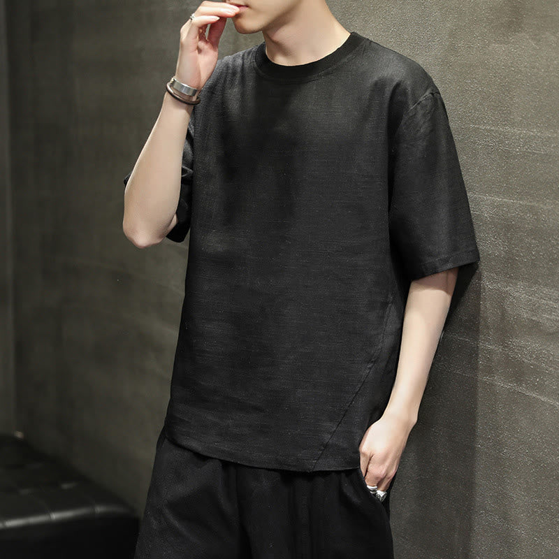 Buddha Stones Summer Casual Minimalist Solid Crew Neck Linen Men's Short Sleeve T-Shirts - image 13
