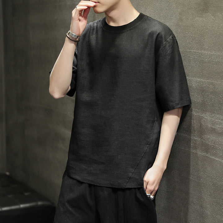 Buddha Stones Summer Casual Minimalist Solid Crew Neck Linen Men's Short Sleeve T-Shirts - image 13