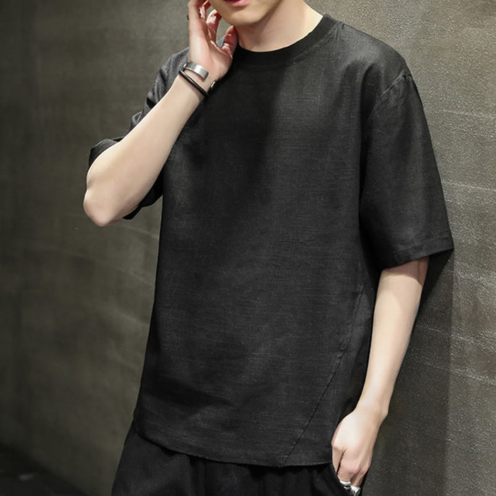 Buddha Stones Summer Casual Minimalist Solid Crew Neck Linen Men's Short Sleeve T-Shirts - image 10