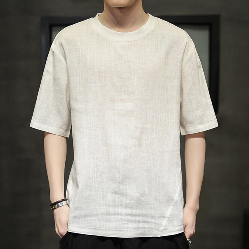 Buddha Stones Summer Casual Minimalist Solid Crew Neck Linen Men's Short Sleeve T-Shirts - image 21