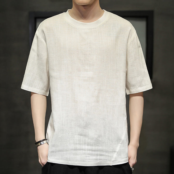 Buddha Stones Summer Casual Minimalist Solid Crew Neck Linen Men's Short Sleeve T-Shirts - image 21