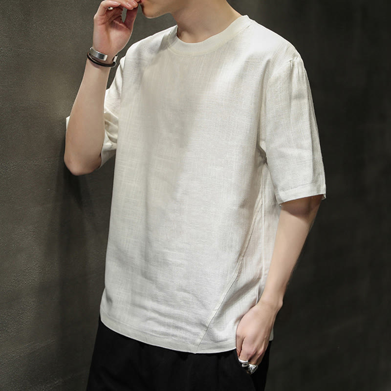 Buddha Stones Summer Casual Minimalist Solid Crew Neck Linen Men's Short Sleeve T-Shirts - image 20