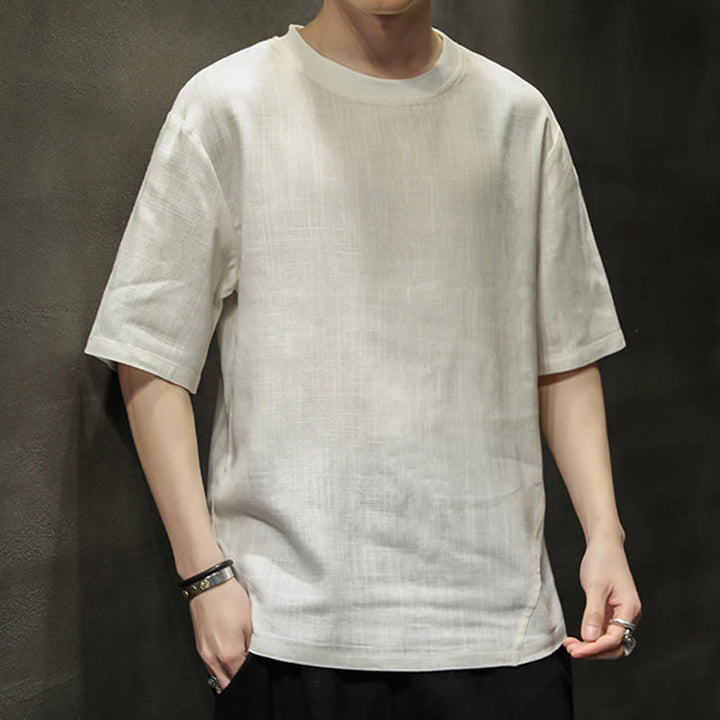 Buddha Stones Summer Casual Minimalist Solid Crew Neck Linen Men's Short Sleeve T-Shirts - image 22
