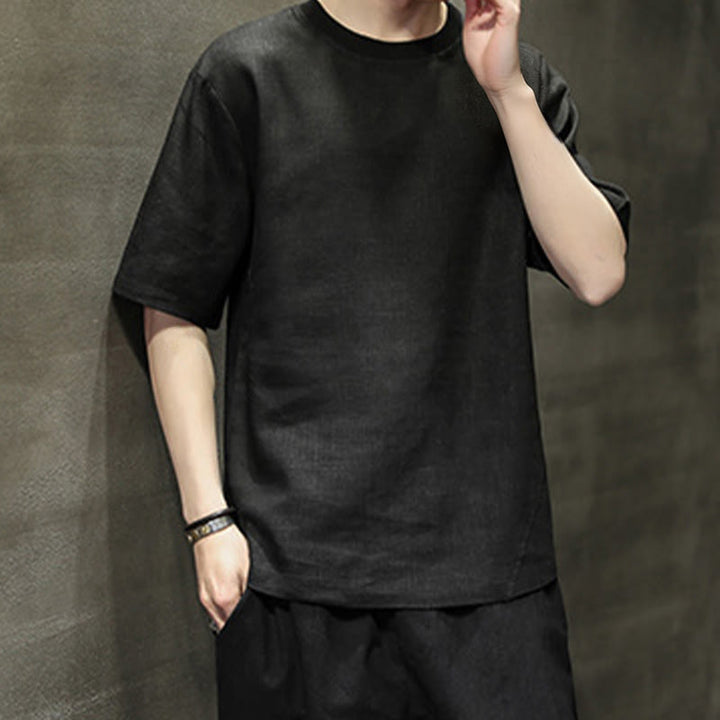 Buddha Stones Summer Casual Minimalist Solid Crew Neck Linen Men's Short Sleeve T-Shirts - image 12