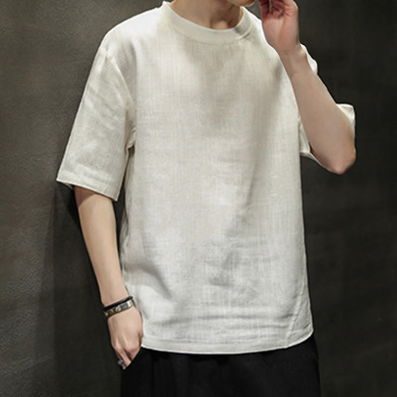 Buddha Stones Summer Casual Minimalist Solid Crew Neck Linen Men's Short Sleeve T-Shirts - image 17