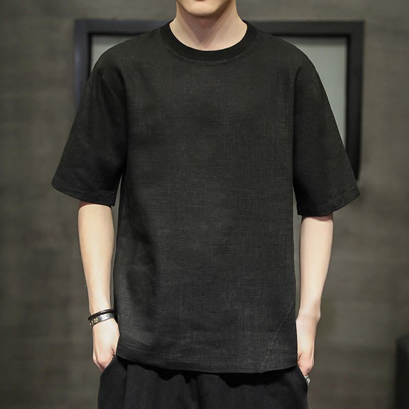 Buddha Stones Summer Casual Minimalist Solid Crew Neck Linen Men's Short Sleeve T-Shirts - Black - US/UK/AU48, EU58 (5XL) - image 6