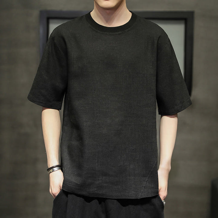 Buddha Stones Summer Casual Minimalist Solid Crew Neck Linen Men's Short Sleeve T-Shirts - Black - US/UK/AU48, EU58 (5XL) - image 6