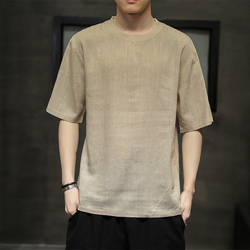 Buddha Stones Summer Casual Minimalist Solid Crew Neck Linen Men's Short Sleeve T-Shirts - Tan - US/UK/AU48, EU58 (5XL) - image 0