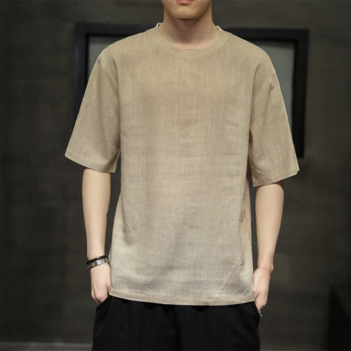 Buddha Stones Summer Casual Minimalist Solid Crew Neck Linen Men's Short Sleeve T-Shirts - Tan - US/UK/AU48, EU58 (5XL) - image 0