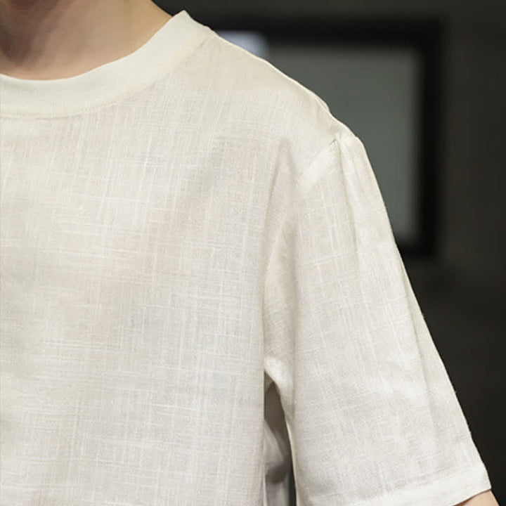 Buddha Stones Summer Casual Minimalist Solid Crew Neck Linen Men's Short Sleeve T-Shirts - image 27