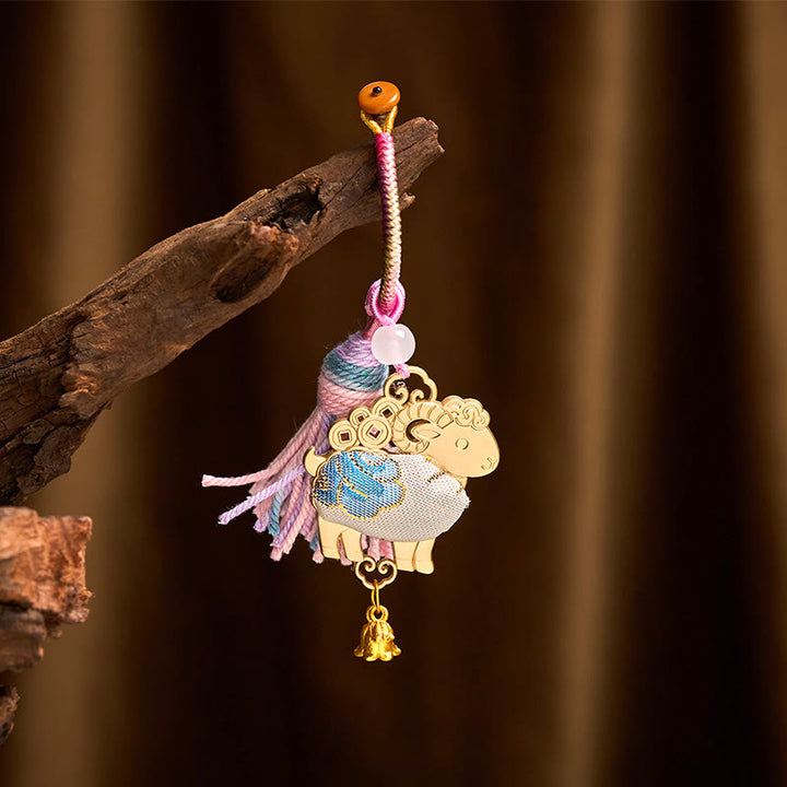 Buddha Stones Song Brocade Handmade Chinese Zodiac Luck Tassel Keychain - Goat - image 0