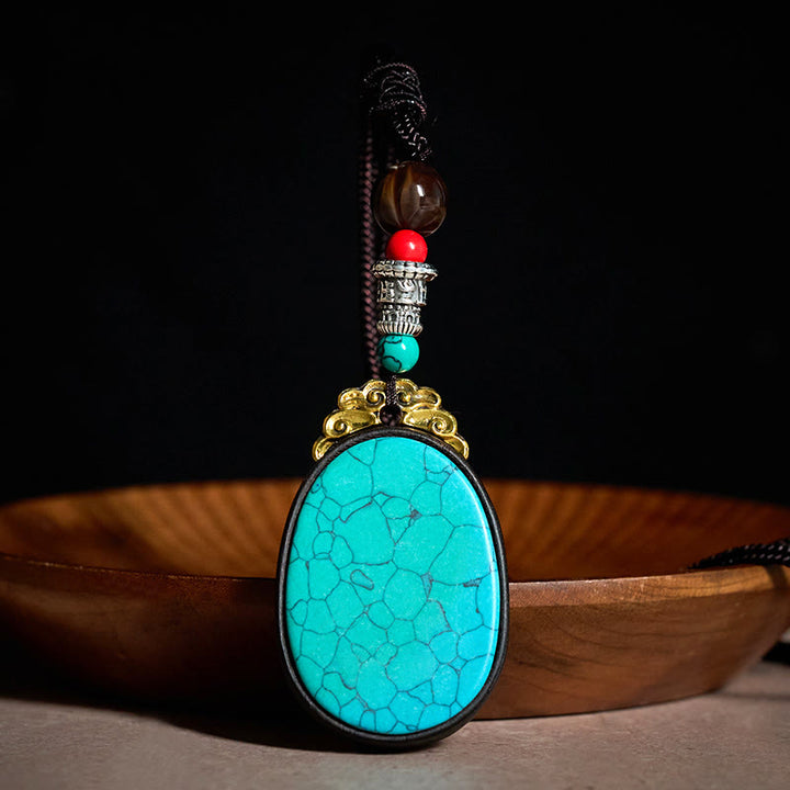 Buddha Stones Ebony Wood Wisdom Handmade Tribal Oval Necklace - Peacock Green - Ebony Wood(Balance♥Calm) - image 0