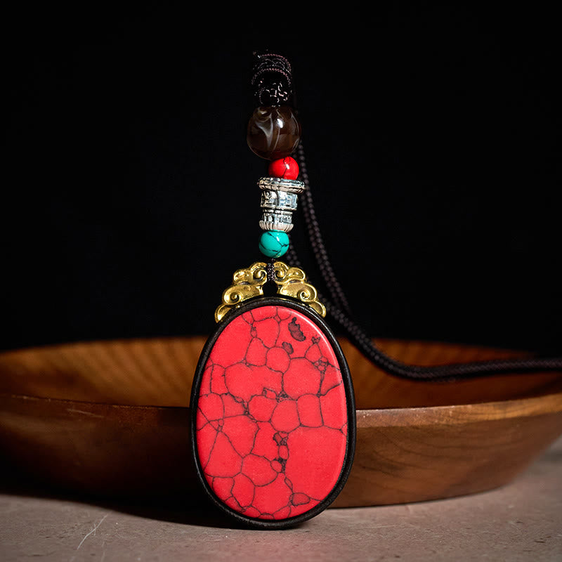 Buddha Stones Ebony Wood Wisdom Handmade Tribal Oval Necklace - Red - Ebony Wood(Balance♥Calm) - image 1