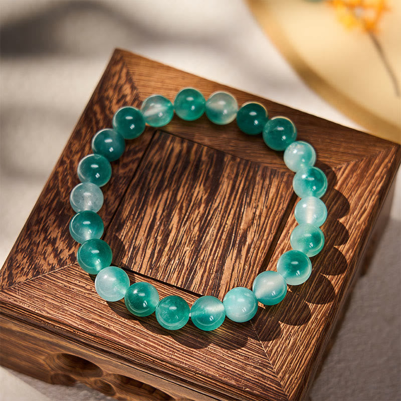 Buddha Stones White Chalcedony Emotional Balance Blue Floral Round Bead Bracelet - image 1