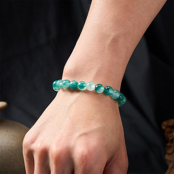 Buddha Stones White Chalcedony Emotional Balance Blue Floral Round Bead Bracelet - image 4