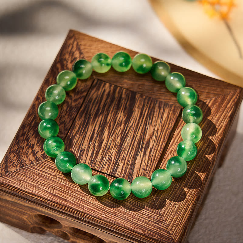 Buddha Stones White Chalcedony Healing Green Floating Flower Round Beaded Bracelet - image 1