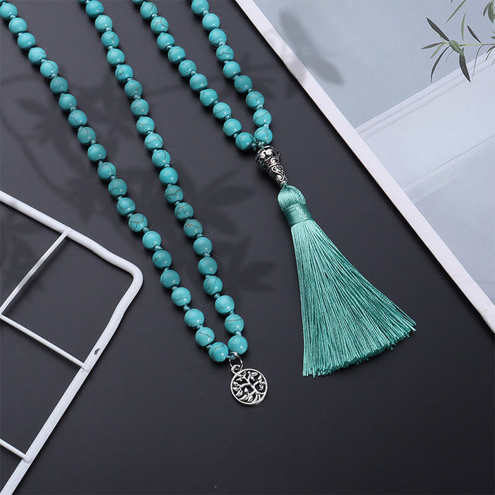 Buddha Stones Turquoise Tree of Life Protection Knotted Tassel Mala - image 3