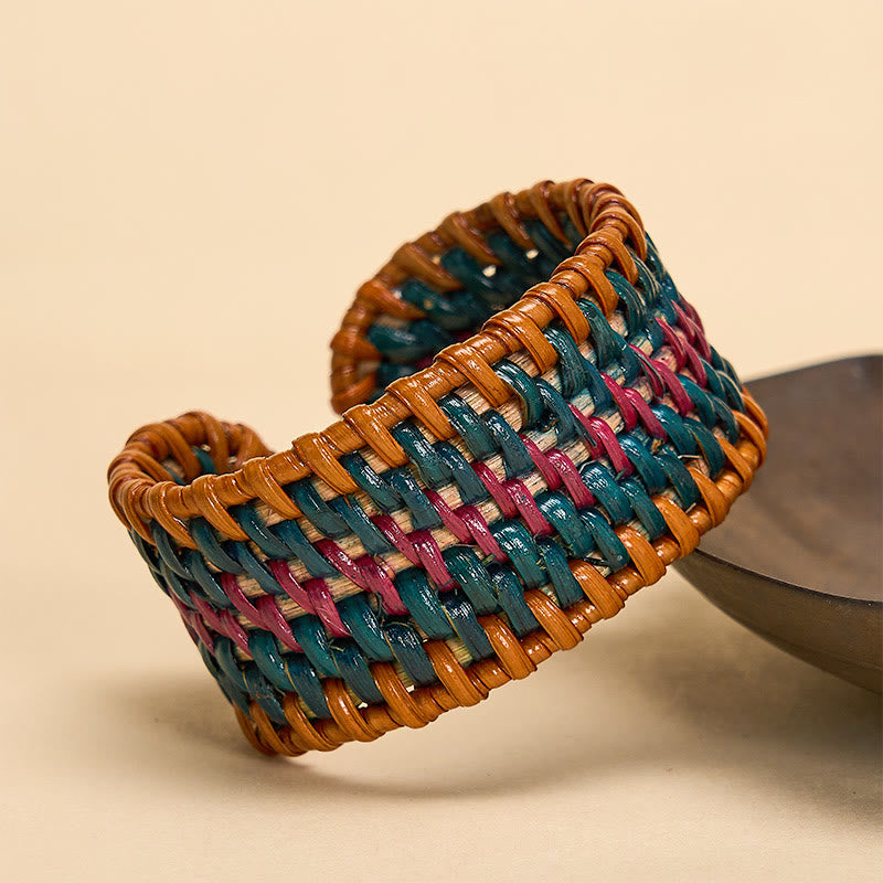Buddha Stones Natural Rattan Protection Hand-Woven Boho Wide Cuff Bracelet - Style 2 - Rattan( Grounding♥Health) - image 1