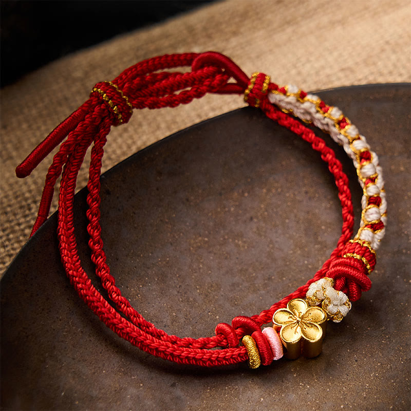 Buddha Stones Hand-Woven String Peach Blossom Knotting Connection Double Layer Bracelet - Red - With Peach Blossom Accessory - image 0