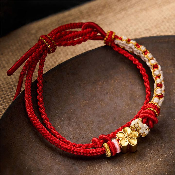 Buddha Stones Hand-Woven String Peach Blossom Knotting Connection Double Layer Bracelet - Red - With Peach Blossom Accessory - image 0