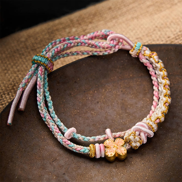 Buddha Stones Hand-Woven String Peach Blossom Knotting Connection Double Layer Bracelet - Pink - With Pink Flower Accessory - image 8