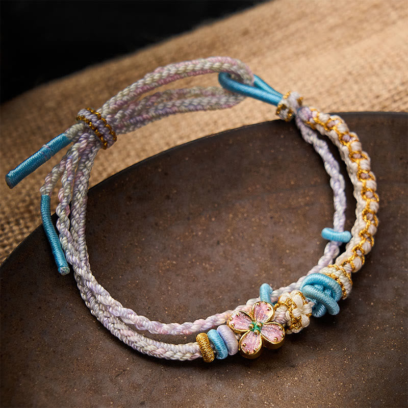 Buddha Stones Hand-Woven String Peach Blossom Knotting Connection Double Layer Bracelet - Thistle - With Purple Flower Accessory - image 15