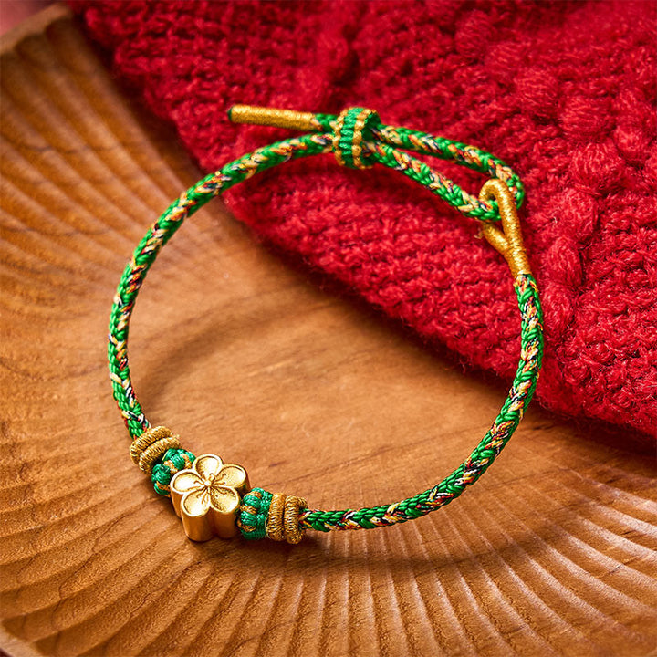 Buddha Stones Five Color Hand Woven Green String Green Ingots And Plum Blossom Amulets Protection Adjustable Bracelet - Green - With Peach Blossoms Accessory - image 10