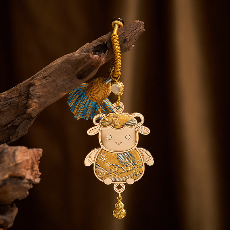 Buddha Stones Song Brocade Handmade Chinese Zodiac Tassel Lucky Keychain - Goat - Yellow - image 10
