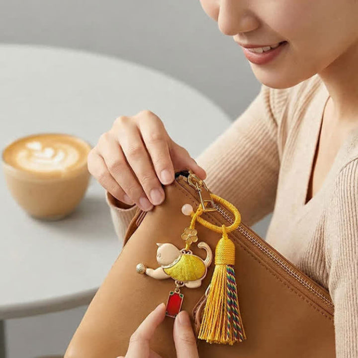 Buddha Stones Song Brocade Lucky Beckoning Cat Tassel Gift Box Keychain - image 3