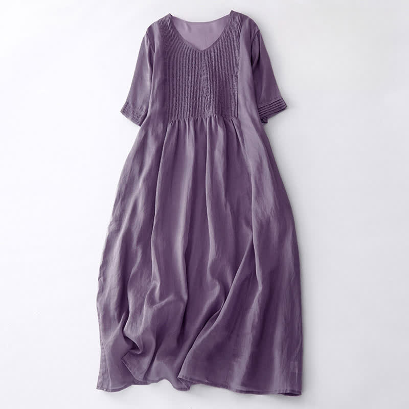 Buddha Stones Casual Accordion Pleat Plain V-neck Short Sleeve Midi Dress With Pockets - Plum - US14，UK/AU18，EU46 (2XL) - image 1