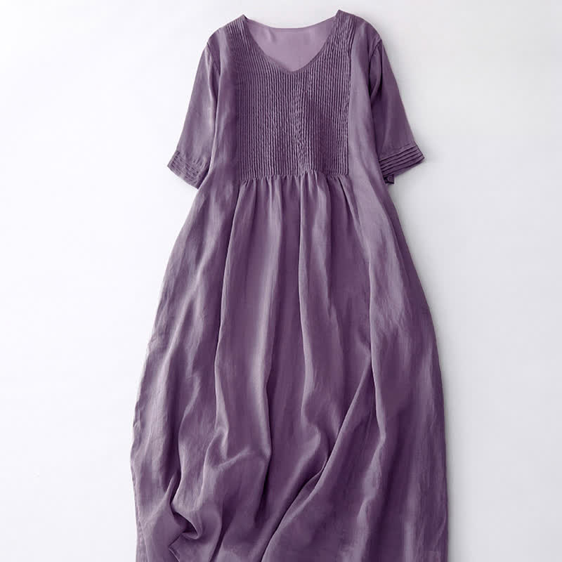 Buddha Stones Casual Accordion Pleat Plain V-neck Short Sleeve Midi Dress With Pockets - image 2