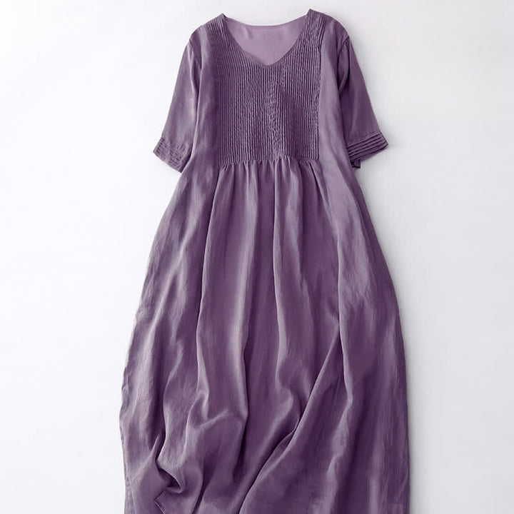 Buddha Stones Casual Accordion Pleat Plain V-neck Short Sleeve Midi Dress With Pockets - image 2