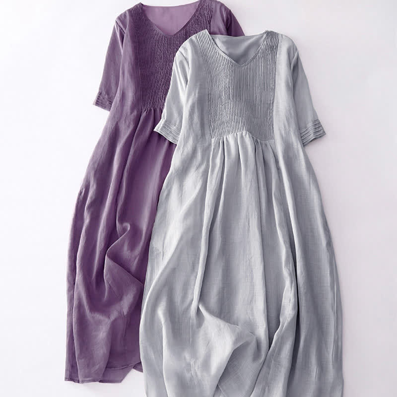 Buddha Stones Casual Accordion Pleat Plain V-neck Short Sleeve Midi Dress With Pockets - image 27