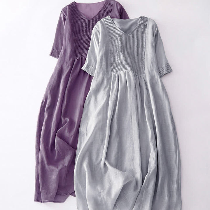 Buddha Stones Casual Accordion Pleat Plain V-neck Short Sleeve Midi Dress With Pockets - image 27