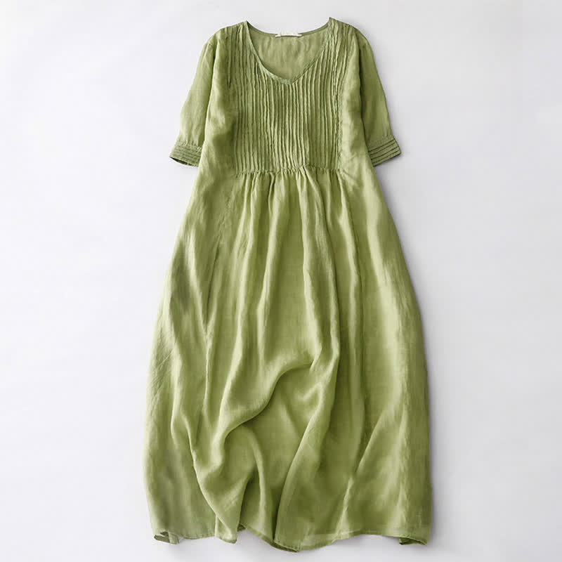 Buddha Stones Casual Accordion Pleat Plain V-neck Short Sleeve Midi Dress With Pockets - image 11