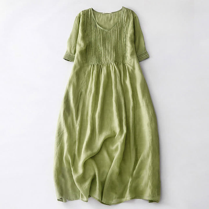 Buddha Stones Casual Accordion Pleat Plain V-neck Short Sleeve Midi Dress With Pockets - image 11