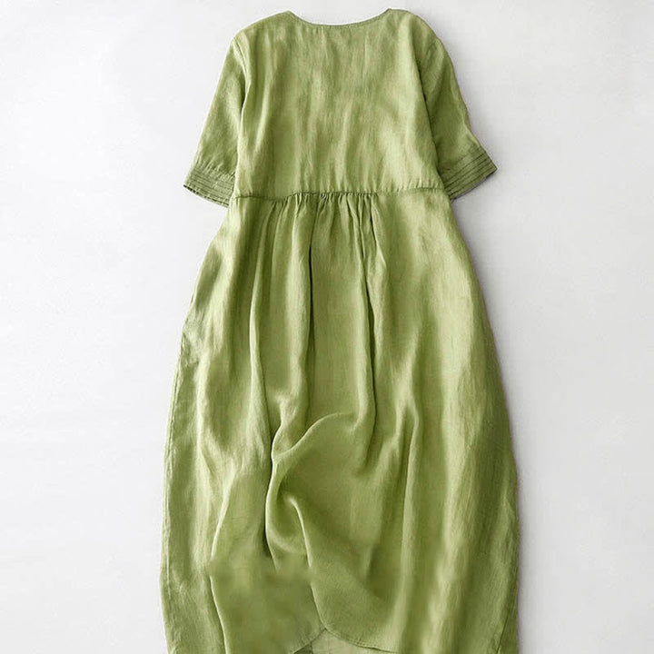 Buddha Stones Casual Accordion Pleat Plain V-neck Short Sleeve Midi Dress With Pockets - image 10