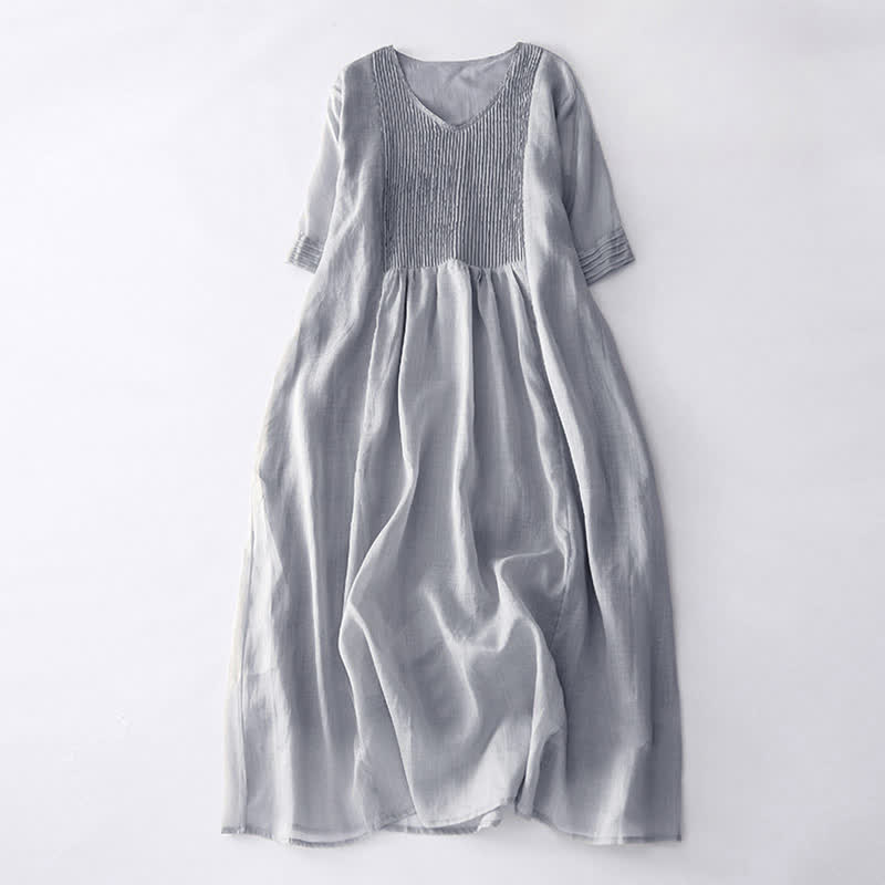 Buddha Stones Casual Accordion Pleat Plain V-neck Short Sleeve Midi Dress With Pockets - Silver - US14，UK/AU18，EU46 (2XL) - image 19