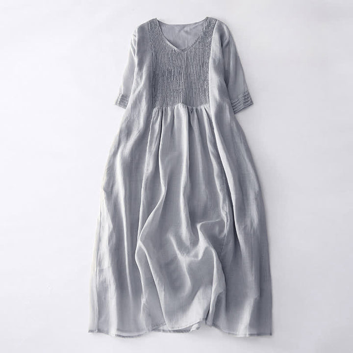 Buddha Stones Casual Accordion Pleat Plain V-neck Short Sleeve Midi Dress With Pockets - Silver - US14，UK/AU18，EU46 (2XL) - image 19