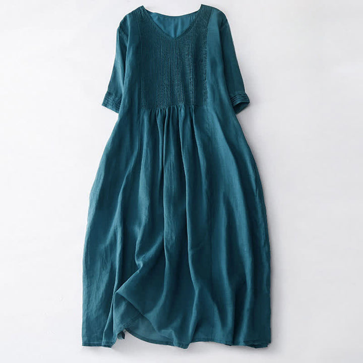 Buddha Stones Casual Accordion Pleat Plain V-neck Short Sleeve Midi Dress With Pockets - SteelBlue - US14，UK/AU18，EU46 (2XL) - image 34