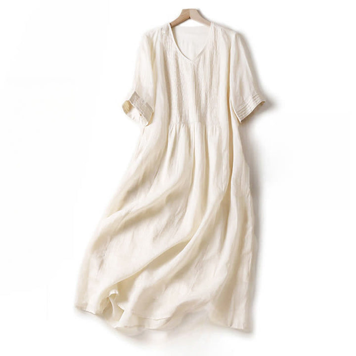 Buddha Stones Casual Accordion Pleat Plain V-neck Short Sleeve Midi Dress With Pockets - Snow - US14，UK/AU18，EU46 (2XL) - image 28