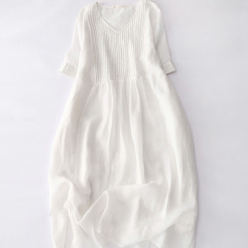 Buddha Stones Casual Accordion Pleat Plain V-neck Short Sleeve Midi Dress With Pockets - OldLace - US14，UK/AU18，EU46 (2XL) - image 41