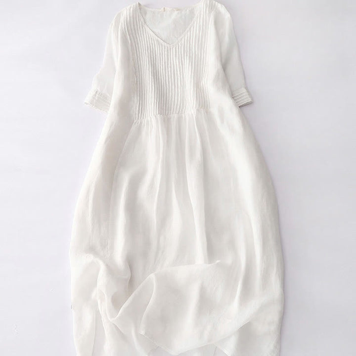 Buddha Stones Casual Accordion Pleat Plain V-neck Short Sleeve Midi Dress With Pockets - OldLace - US14，UK/AU18，EU46 (2XL) - image 41