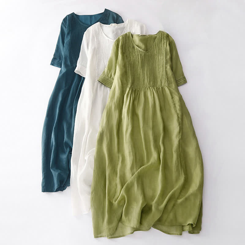 Buddha Stones Casual Accordion Pleat Plain V-neck Short Sleeve Midi Dress With Pockets - image 0