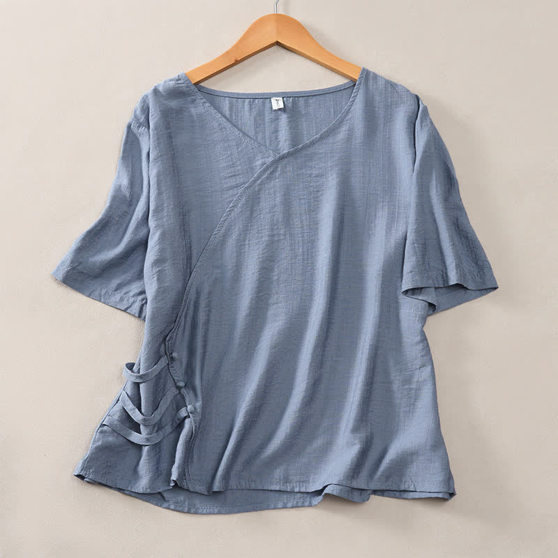 Buddha Stones Summer Casual Minimalist V-Neck Solid Decorative Button Women's Short Sleeve T-Shirts - LightSteelBlue - US8-10, UK/AU12-14, EU40-42 (2XL) - image 6