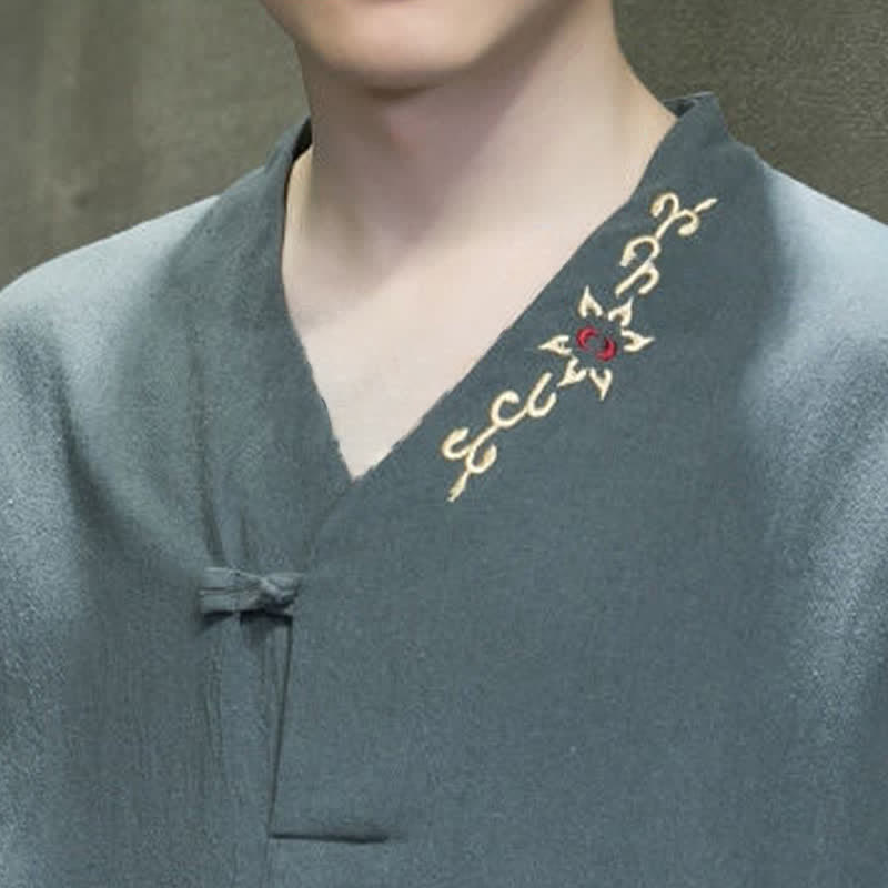 Buddha Stones Summer Tang Style Embroidery V-Neck One Frog Button Floral Men's Short Sleeve Shirts - image 3