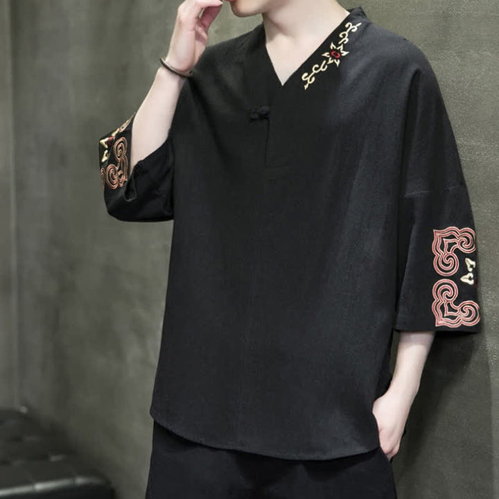 Buddha Stones Summer Tang Style Embroidery V-Neck One Frog Button Floral Men's Short Sleeve Shirts - image 7
