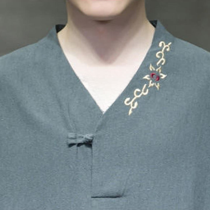 Buddha Stones Summer Tang Style Embroidery V-Neck One Frog Button Floral Men's Short Sleeve Shirts - image 4